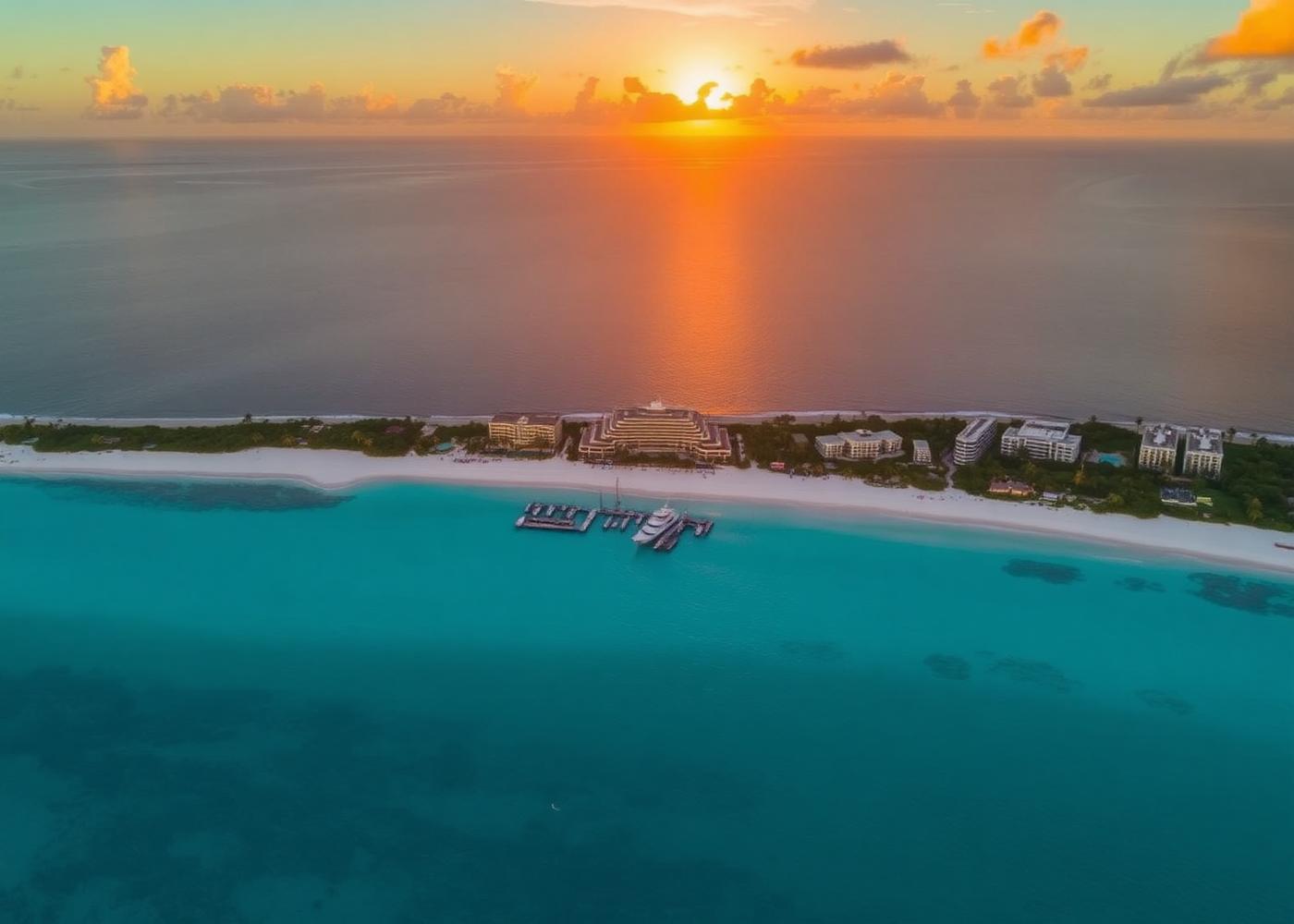 Aerial sunset over Seven Mile Beach Grand Cayman